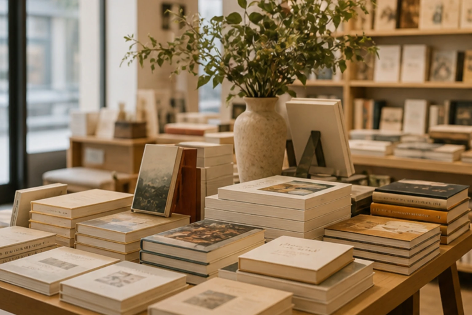 front table stacked with new hardcover books and calm editorial bookstore styling