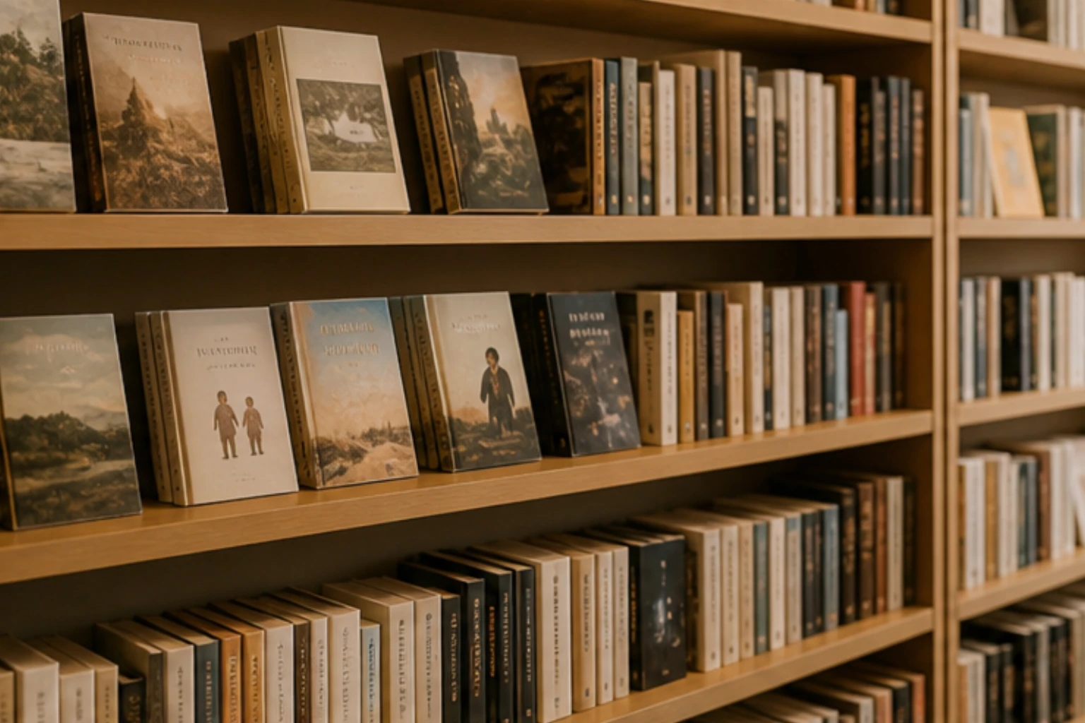 fiction bookshelf with layered jackets warm paper tones and wood detailing