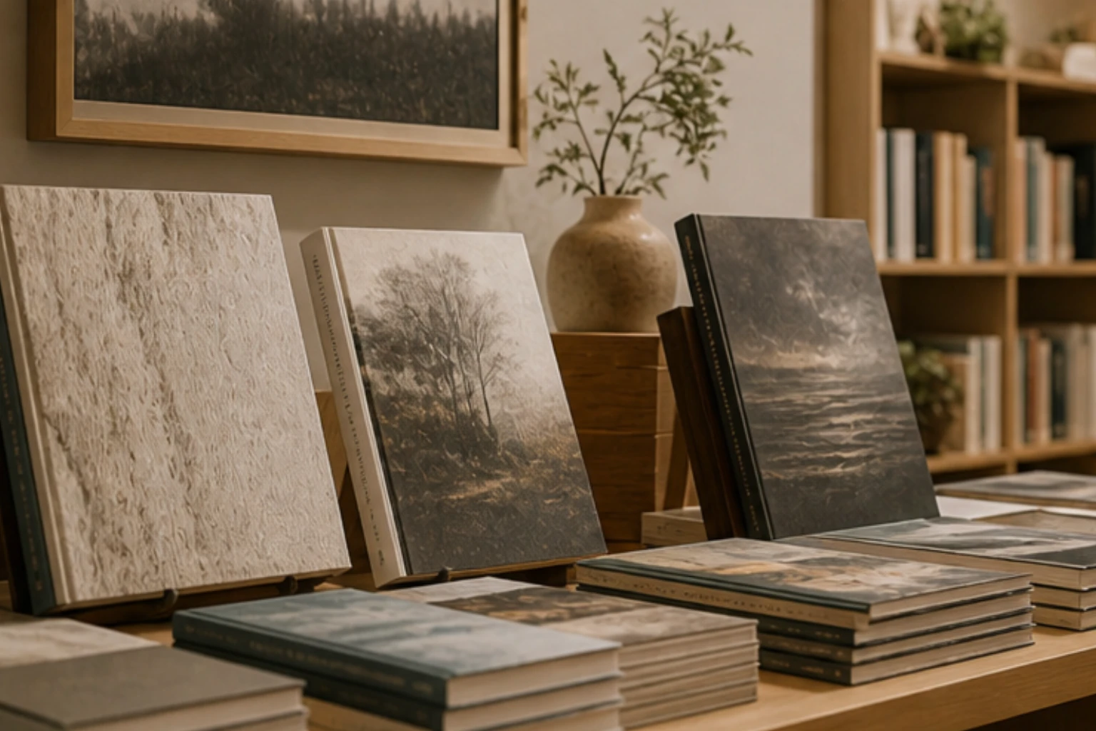 art book display with oversized monographs print spines and gallery-like spacing
