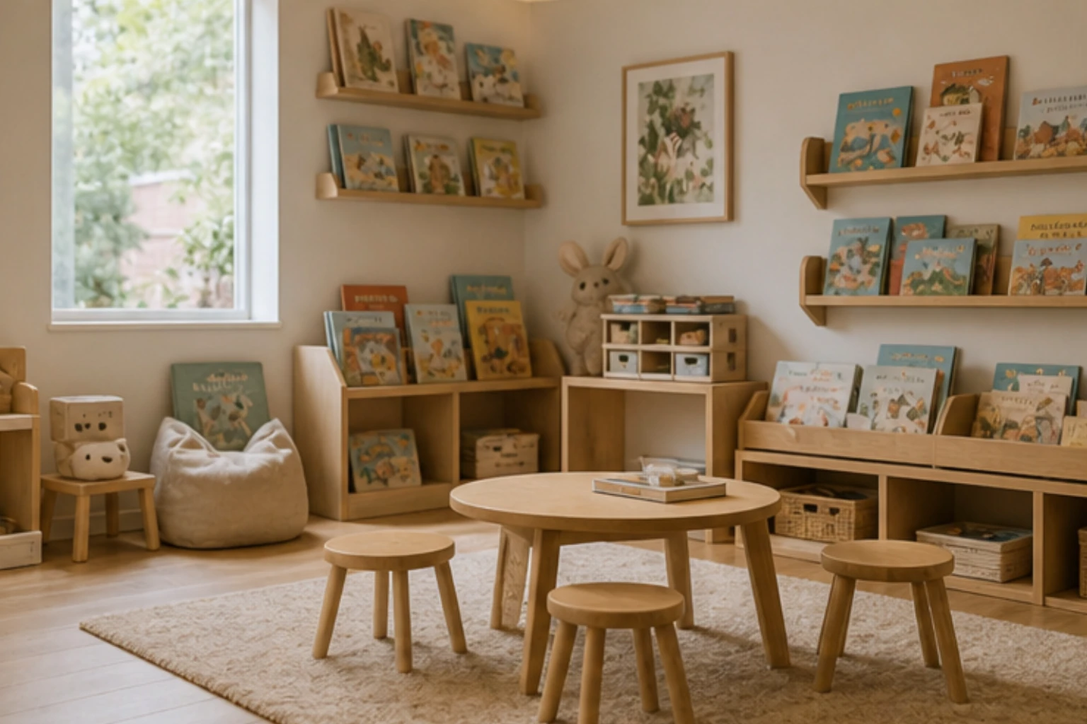 children reading corner with picture books stools and gentle daylight