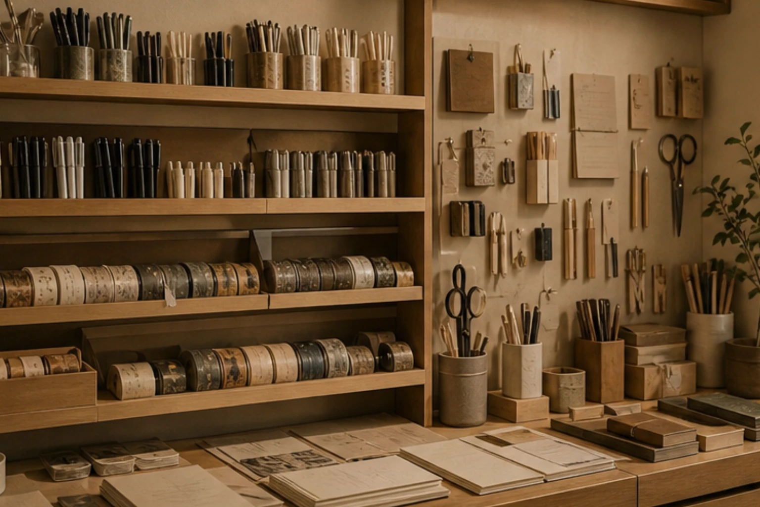 stationery wall with pens tapes paper tools and neat boutique organization