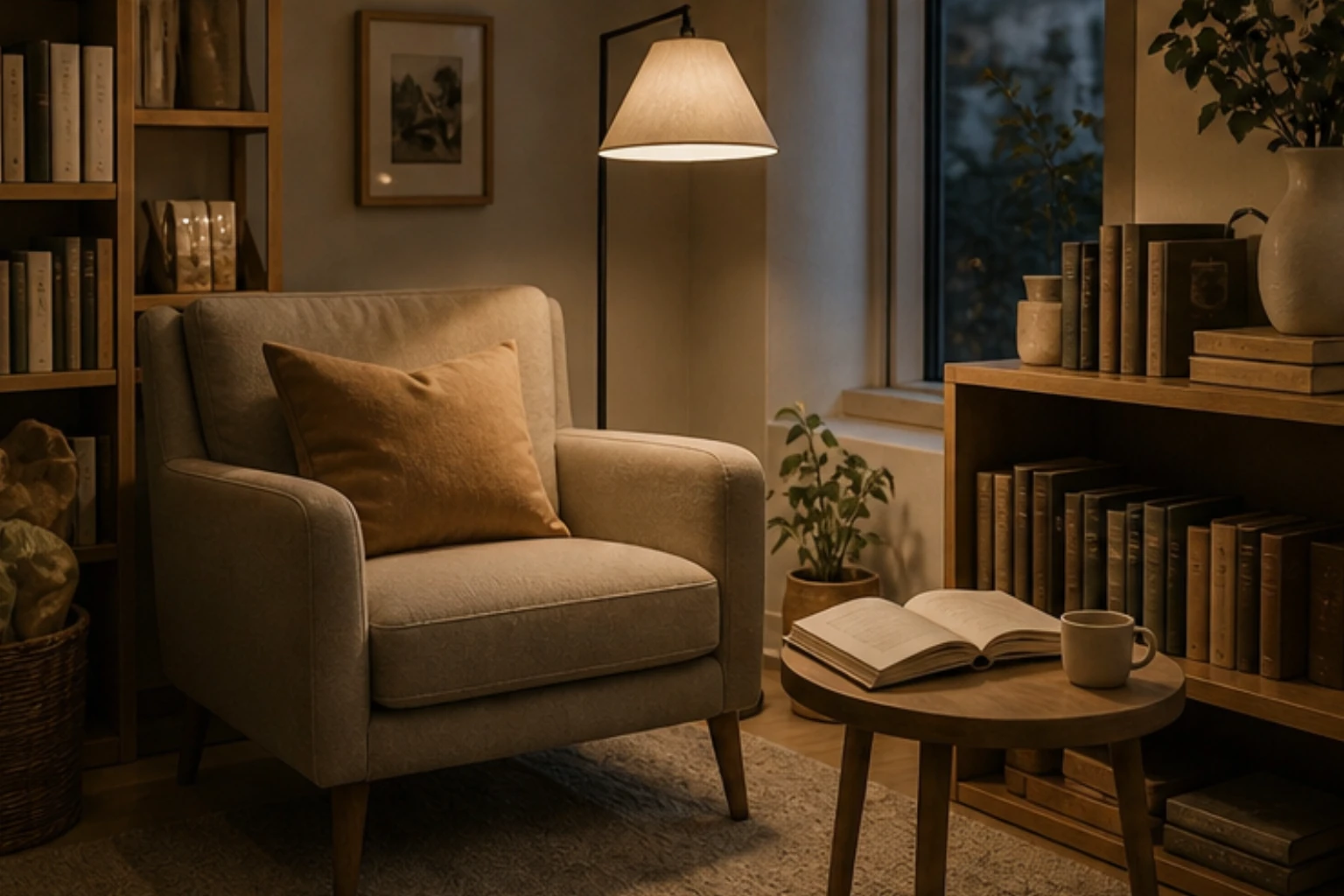 reading nook with chair floor lamp side table and open books