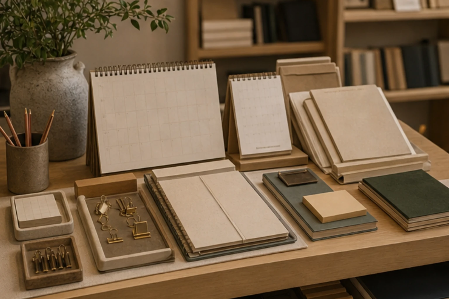 desk planner display with calendars clips sticky notes and paper accessories
