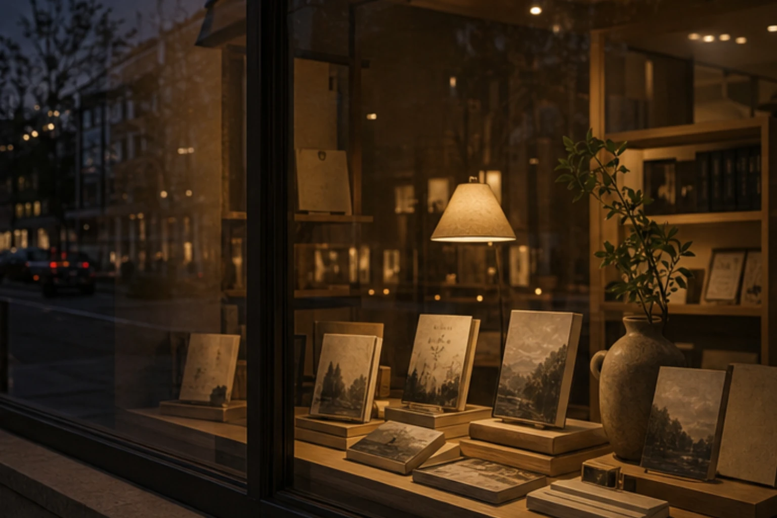 bookstore window display at dusk with warm light books and quiet reflections