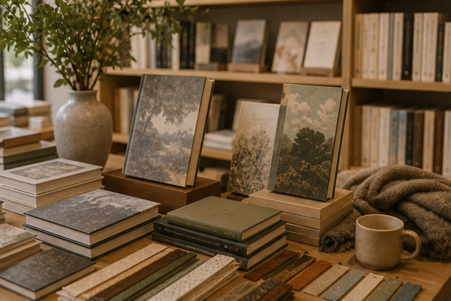 fiction edit with stacked novels jackets bookmarks and calm home-reading styling