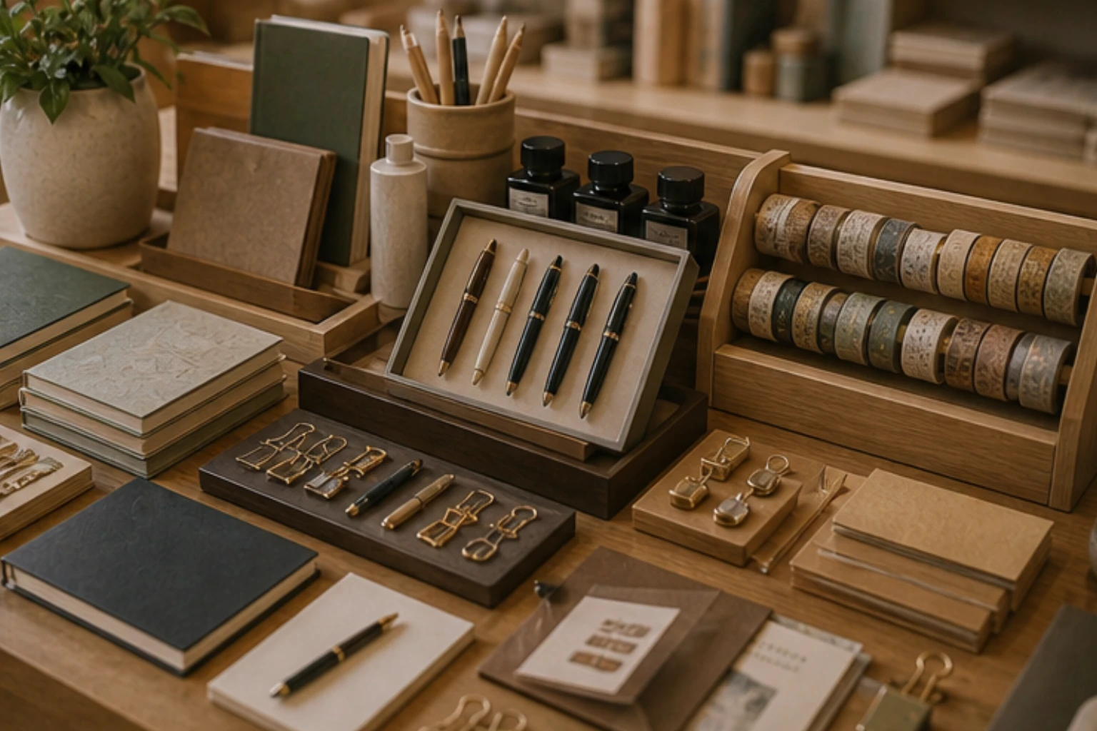 stationery collection with journals fountain pens paper tools and ribbons