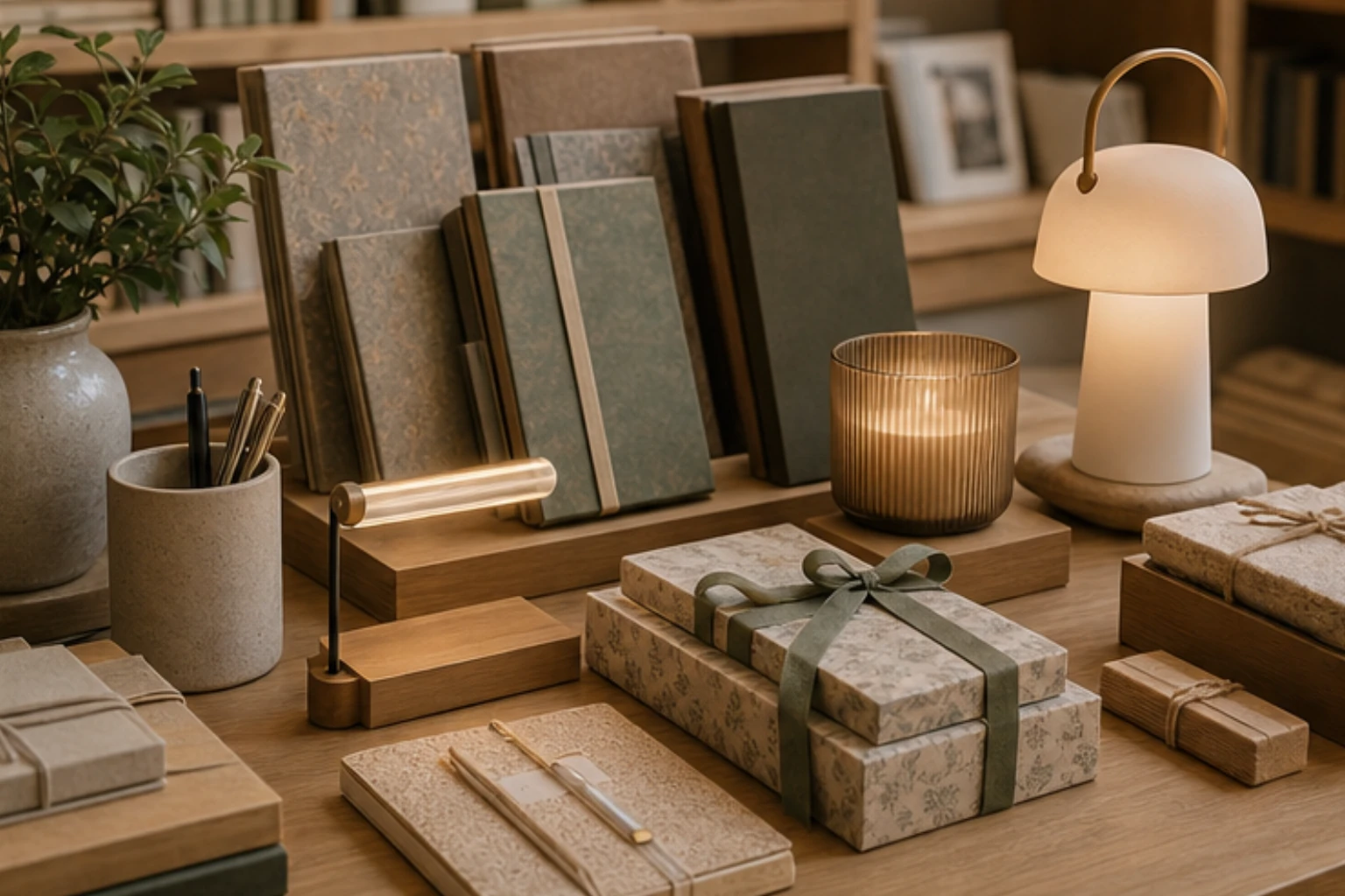 bookstore gift edit with notebooks candles reading lights and wrapped paper sets